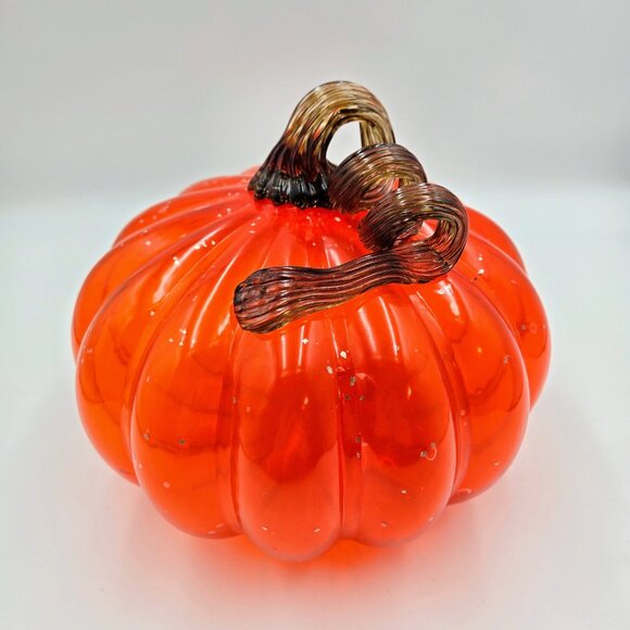 Hand Blown Art Glass Pumpkin Orange Gold Flecks Stem Halloween Fall Decoration - Picture 5 of 10